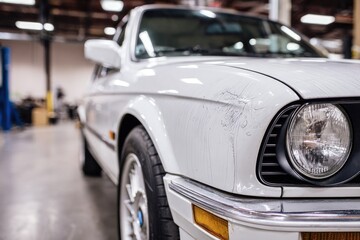 Close-up of a white car's front fender with paint imperfections