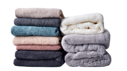 Stack of soft, folded blankets in various colors on a white isolated background.
