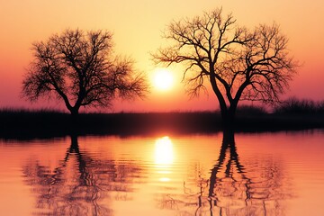 Silhouetted trees reflect in calm water under golden sunset, creating a peaceful