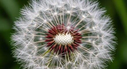 A closeup macro view of a white dandelion seed head with intricate details and a blurred green background