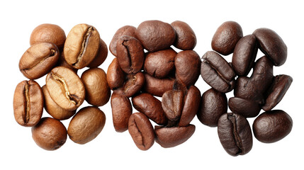 Obraz premium Variety of roasted coffee beans displayed in a visual contrast, isolated on a white background.