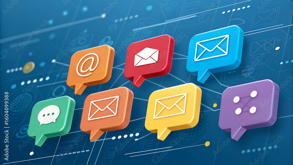 Wall mural colorful chat bubbles with email and message icons on a blue tech background with lines and dots