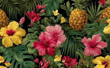 A seamless pattern of tropical flowers and pineapples, with vibrant colors on a purple background.