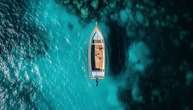 Top view of wooden boat for holiday tourists and coral on the beach