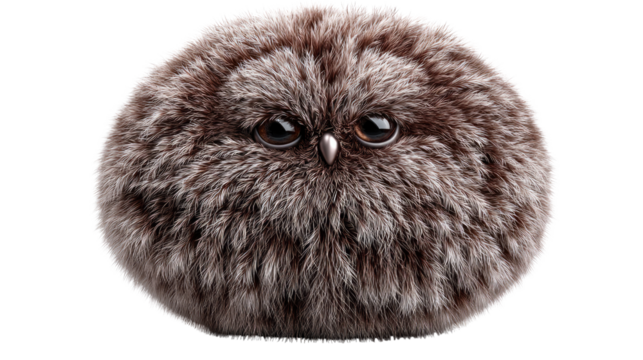 Fluffy Owl Portrait: A captivating portrait of a fluffy owl, with striking dark eyes and a soft, round form. The owl's unique plumage creates a mesmerizing aesthetic.