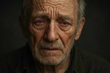 Fototapeta premium Emotional portrait of elderly man with detailed wrinkles, studio light