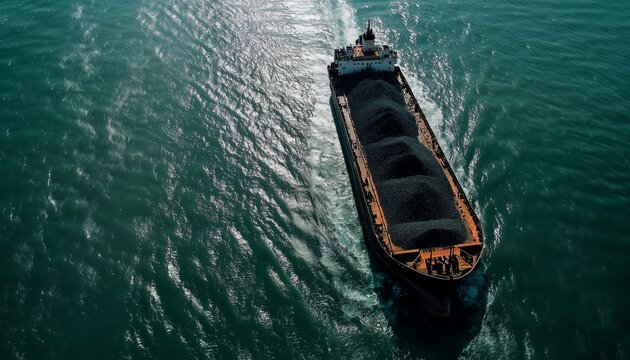 Coal barge in blue ocean shipping transportation in aerial view