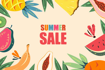 Summer sale. Summer background with tropical fruits. Summer season. Vector illustration.	
