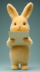 Obraz premium A cute, fluffy, light-orange rabbit holding a blank piece of paper