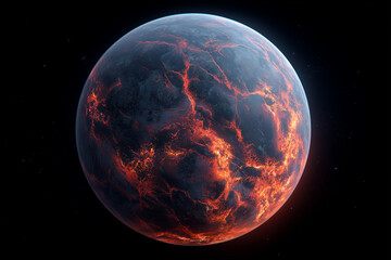 Fiery planet with glowing lava cracks in deep space