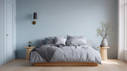Pale blue bedroom with minimalist bed and wooden accents