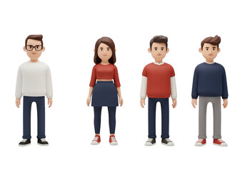 Fototapeta premium Four diverse cartoon characters standing together isolated on transparent background