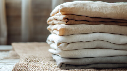 Stack of Neutral-toned Linen Fabrics on Burlap, Rustic and Calm Aesthetic