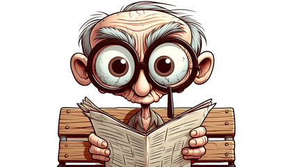 Expressive cartoon of an elderly man with wide eyes sitting on a bench reading a newspaper