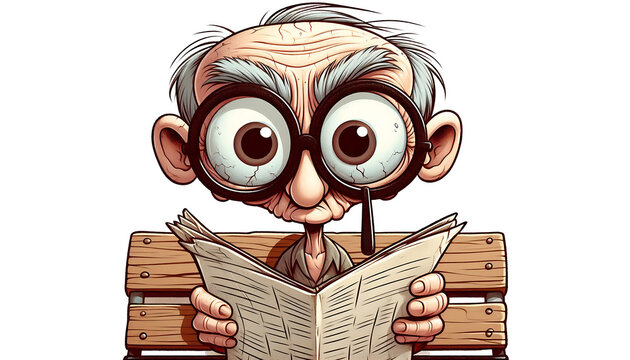Expressive cartoon of an elderly man with wide eyes sitting on a bench reading a newspaper