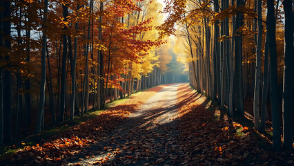 Autumnal Forest Path: A serene forest path winds through a vibrant autumn landscape, bathed in the warm glow of sunlight, with a carpet of fallen leaves.
