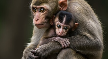 Fototapeta premium Motherly Embrace: A Macaque Mother and her Infant