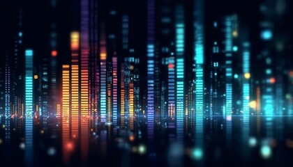 Futuristic global connection backdrop with data flow over a blurred cityscape at night.