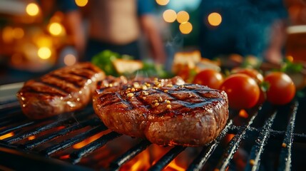 Juicy steaks sizzle on a grill with tomatoes and herbs, capturing the essence of a delicious barbecue. The image evokes the mouthwatering appeal of grilled cuisine.