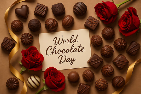 Celebrate world chocolate day with assorted luxury chocolates, red roses, and golden ribbon on brown background, perfect for festive and romantic occasions
