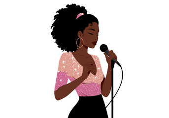A woman sings into a microphone She wears a pink top and black skirt