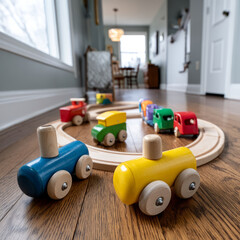 Fototapeta premium Wooden toy train set on a wooden floor in a cozy room.