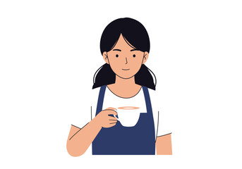 A woman with dark hair holds a teacup wearing a blue apron over a white shirt