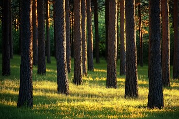 Fototapeta premium Sunlight streaming through trees in the woods with green grass on ground
