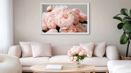 Blush pink peonies in a delicate pastel frame on a neutral backdrop