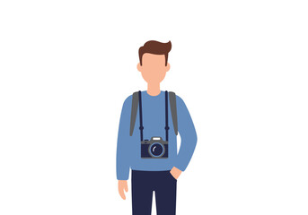 Cartoon man with camera slung on his body casual pose
