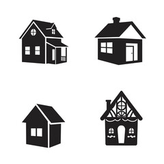 Four House Icons in Black and White Illustrating Different Architectural Styles