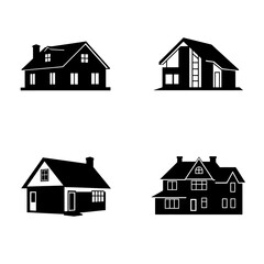 Four House Icons in Black and White Illustrating Different Architectural Styles