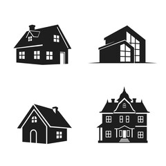 Four House Icons in Black and White Illustrating Different Architectural Styles