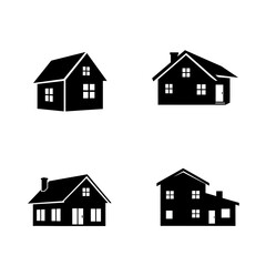 Four House Icons in Black and White Illustrating Different Architectural Styles
