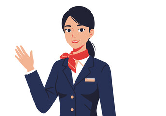 Flight attendant waving wearing a uniform and red scarf