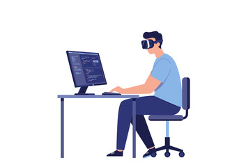 Figure in VR headset seated at desk with computer
