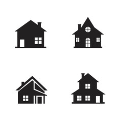 Four House Icons in Black and White Illustrating Different Architectural Styles