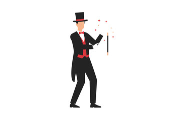 Magician in a suit holding a wand sparkles around him against a white background