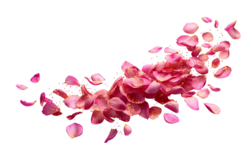 Pink rose petals in motion against a black background