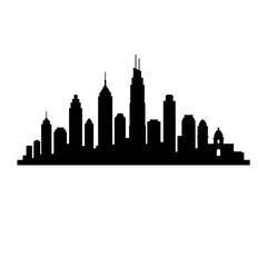 Naklejka premium Black and White Cityscape Silhouette with Skyscrapers and Buildings on White Background