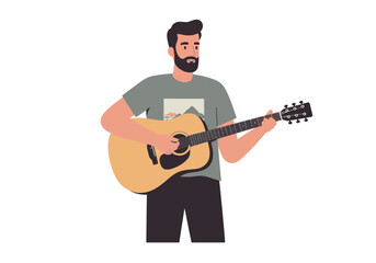 Man with a beard playing an acoustic guitar wearing a tshirt and dark pants