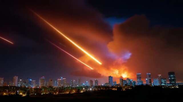 Skyfall over the Cityscape: A nighttime cityscape is dramatically illuminated by streaks of light and explosions, evoking the intensity and raw energy of an unforeseen event.