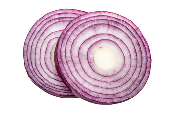Two sliced red onions revealing concentric rings and vibrant purple layers isolated on transparent background
