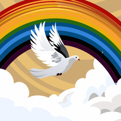 Dove flying through clouds under colorful rainbow background  