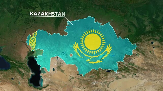 Zoom from Earth to Kazakhstan. (Country Flag) World map animation with highlighted country borders. Satellite 3d world map animation highlights aerial views, tourism, and travel. 4k