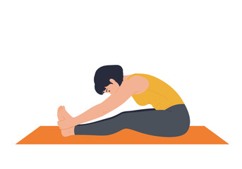Woman in yoga pose seated with legs extended and touching her toes on an orange mat