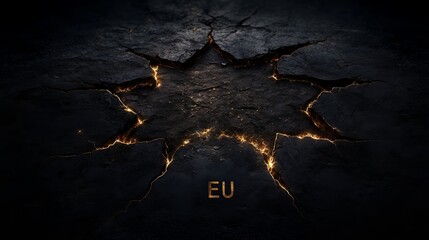 Textured cracked, dark theme adding to the intense atmosphere of european union, with text 'EU'. Depressive, despair mode.