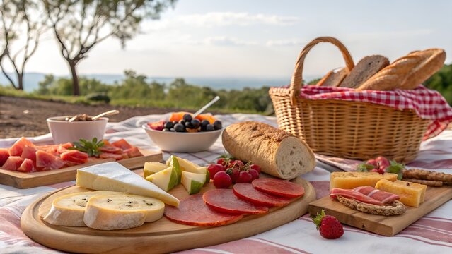 Delicious picnic with bread cheese and fresh food in a garden park setting