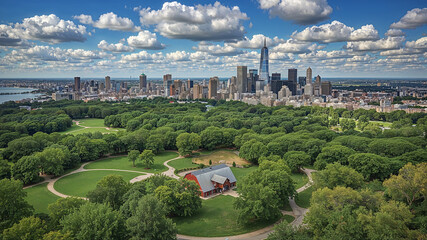 Fototapeta premium Large city skyline rising above green public park with walking trails