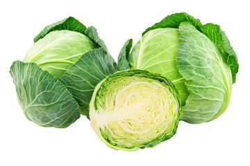 Fototapeta premium Fresh green cabbage whole and halved with visible layers isolated on transparent background